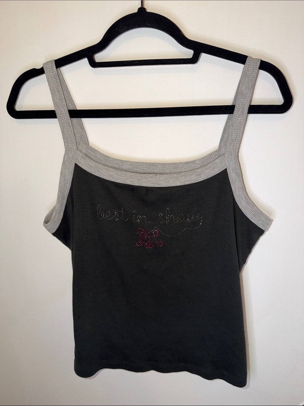 Golden Hour Black Tank Top with Gray Dog Sparkly Front Embellishment